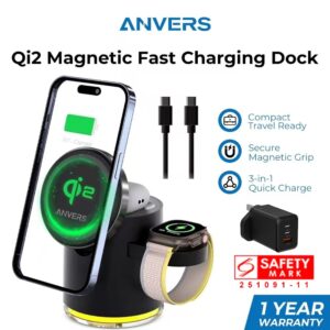 Anvers Qi2 Wireless Charger Stand 3 in 1 Charging Station for iPhone, iWatch, AirPods, Samsung Watch